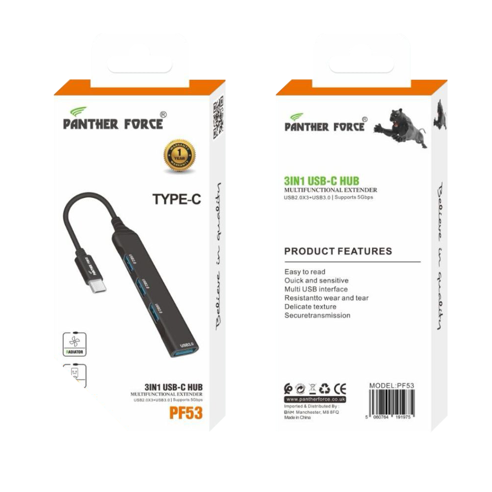 PF53- PANTHER FORCE 3 IN 1 USB-C HUB MULTIFUNCTIONAL EXTENDER PF53- PANTHER FORCE 3 IN 1 USB-C HUB MULTIFUNCTIONAL EXTENDER
